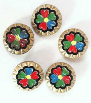 5 Pc Of Vintage Black Floral Czech Glass Buttons - Hand Painted