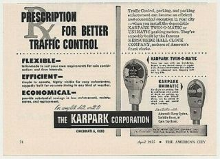 1955 Karpark Twin - O - Matic Unimatic Parking Meters Ad