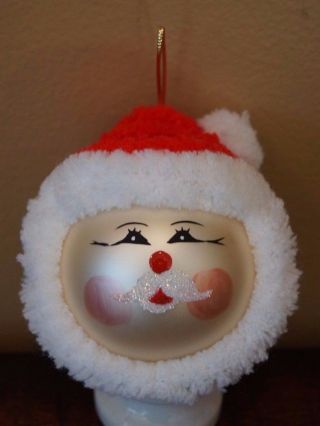 Vintage Santa Clause Head Blown Glass Christmas Ornament Plush Beard Hat