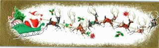 Santa Claus Reindeer Deer Sleigh Flowers Mcm Vtg Christmas Greeting Card