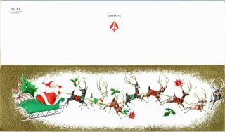 Santa Claus Reindeer Deer Sleigh Flowers MCM VTG Christmas Greeting Card 3