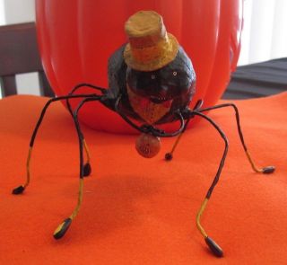 Designer Halloween Spider With Face Wearing Hat Bowtie Carrying Pumpkin W/ Face