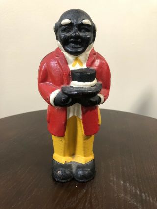 8 " Old Vintage Black Americana Uncle Mose Man In Red With Top Hat Cast Iron Bank