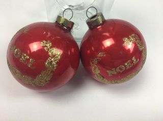 Vintage Red Mercury Glass Stencil Ball Ornament Gold Glitter Noel Pair Set 2