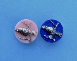 2 X 11mm Vintage Pink & Blue Glass Buttons,  Silver Birds