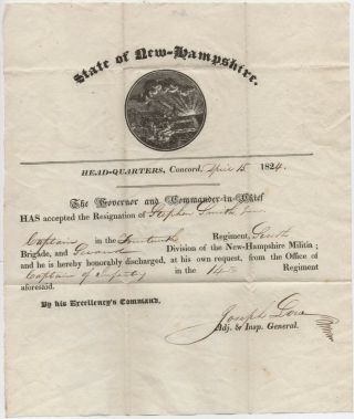 Honorable Discharge 1824 - Hampshire Militia Captain Of Infantry 14th Regiment