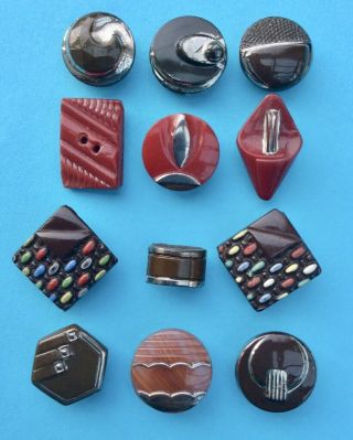 12 Vintage Art Deco Glass Buttons,  Red/brown,  Enamel & Silver Trims,  10mm - 19mm
