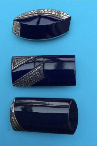 3 Vintage Large Art Deco French Navy Glass Buttons,  Platinum Trims,  32mm - 34mm