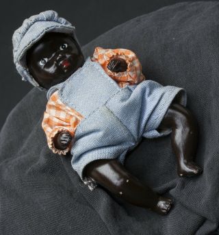 Antique Miniature Porcelain African American Black Baby Doll Jointed