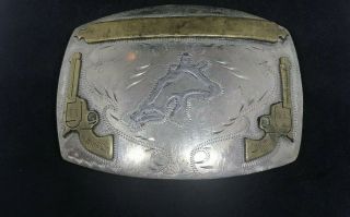 Vintage Rare Handcrafted Johnson & Held Denver Western W/ Guns Belt Buckle