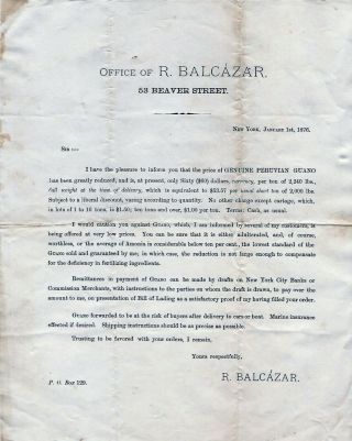 Rare 1876 Peruvian Guano Advertising Letter Bat Poop $60.  00 Per Ton