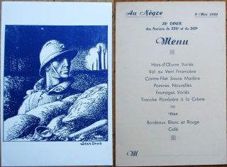 Menu: French 1950 W/jean Droit/artist - Signed Soldier On Front