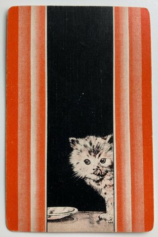 Vintage Swap/playing Card - Kitten / Cat With Milk Bowl - Orange