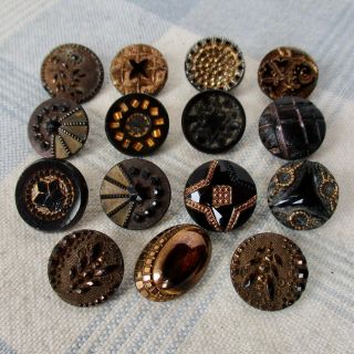 Assortment Of 15 Vintage Black Glass Buttons W Gold Luster