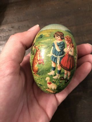 Petite 3” Antique German Easter Egg Candy Container Children Sheep Pull Toy