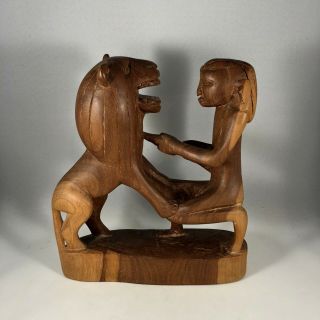 Vintage African Wood Wooden Sculpture Carving Of Lion Hunt Hunter Figurine Man