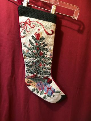 Vintage Wool Needlepoint Christmas Stocking Decorated Tree With Presents