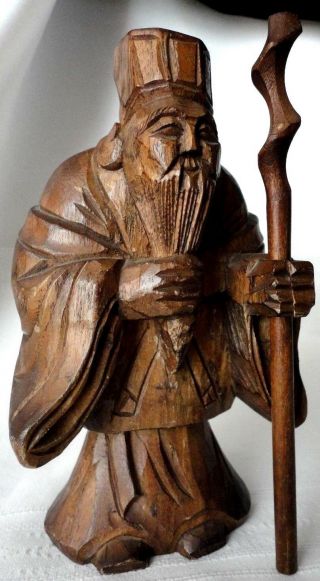 Vintage Chinese Carved Wood Figure 7.  5 " Old Man With Walking Stick