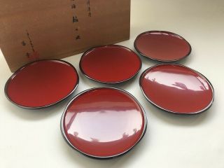 Wooden Snack Plate Kashiki 5pc Lacquer Ware Wooden Box Red Japanese Vtg P16