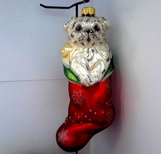 Vintage Blown Glass Puppy In Stocking 6 " Christmas Ornaments / Hand Painted