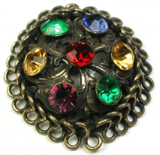 Bb Vintage Pierced Brass Button W/ Colorful Paste & Open Work Border - 1 & 1/2 "