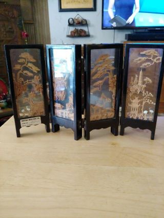Vintage Chinese Cork Lacquered Wood & Glass Miniature 4 Panel Folding Screen