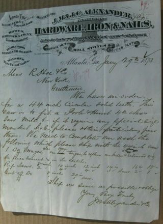 Vintage 1873 J.  M.  & J.  C.  Alexander Co.  Hand Signed Letterhead Receipt - Atlanta