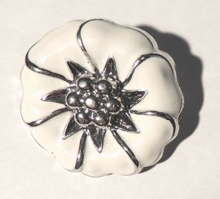Large White Enamel With Silver Realistic Flower Motif Button,  1.  25 "