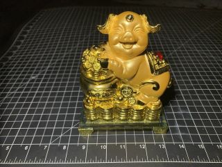 7 " Chinese Zodiac Golden Pig Statue W/ Money Coin Figurine For Lunar Year Of Pig