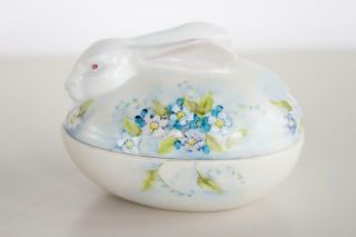 Vintage China Porcelain Trinket Box Easter Bunny Rabbit Hand Painted Flowers