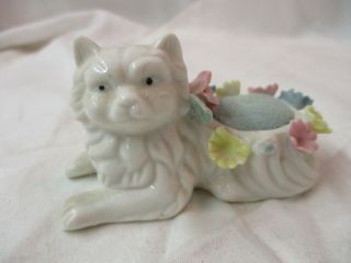 Vintage Porcelain Pin Cushion Cat With Flowers