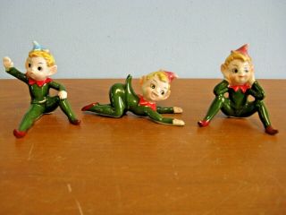 3 Vintage Christmas Red Green 3 Inch Ceramic Pixie Elf Figurines