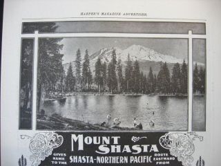 Vtg 1900 Northern Pacific Railroad Print Ad Mt.  Shasta Ca Boys Swim In Lake Photo