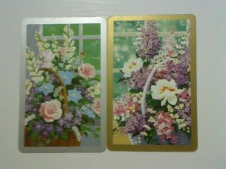 2 Swap/playing Cards - Pair Flowers In Baskets (silver/gold Borders)