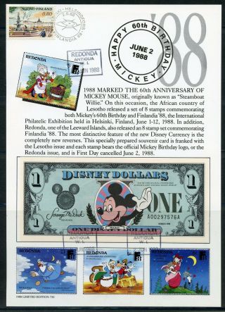 1988 Disney 60th Birthday Mickey Mouse Redonda I Finlandia $1 Currency Card
