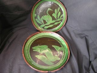 Green & Brown Eel & Bird 2 Vintage Mexican Style Pottery Plates