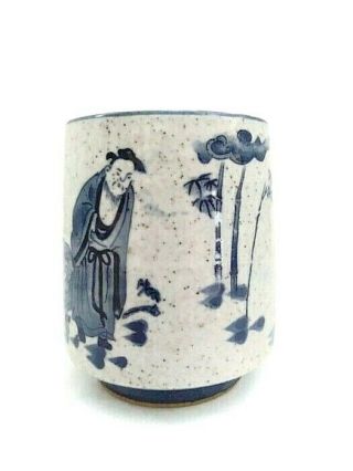 Antique Tea Cup Tumbler Ceramic Pottery Blue White Art Paint Bamboo Priest Vtg