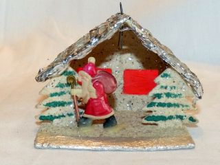 Vintage Christmas Putz House With Celluloid Santa Toybag Japan