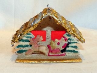Vintage Christmas Putz House With Celluloid Santa Sleigh And Reindeer Japan