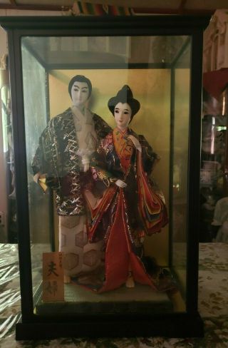 2 Vintage Japanese Dolls1940s 12 - 13 " Rare Man Woman Traditional Dress Cloth Face