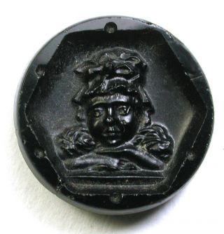 Bb Antique Black Glass Button Detailed Image Of A Girl Wearing Hat 5/8 " Bk Mar