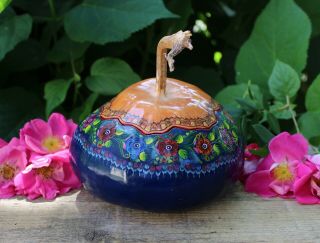 Large Exquisite Dark Blue & Tan Lacquer Gourd Box Mexican Folk Art Hand Made
