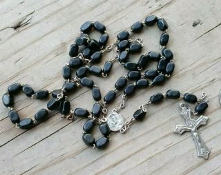 Religious Barrel Black Wood Beads Rosary Crucifix Catholic 24 " Made Italy