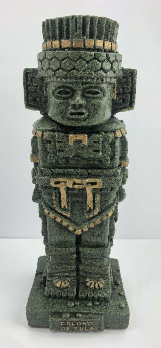 9 " Aztec Toltec Warrior Mayan Figurine Statue Green Color Resin Gold Details