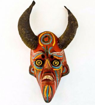 Vintage Devil Mask Hand Crafted Hard Wood Goat Horns Collectible
