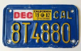 California Motorcycle Dec 1982 Blue License Plate 8t4880 Dmv Yom Clear