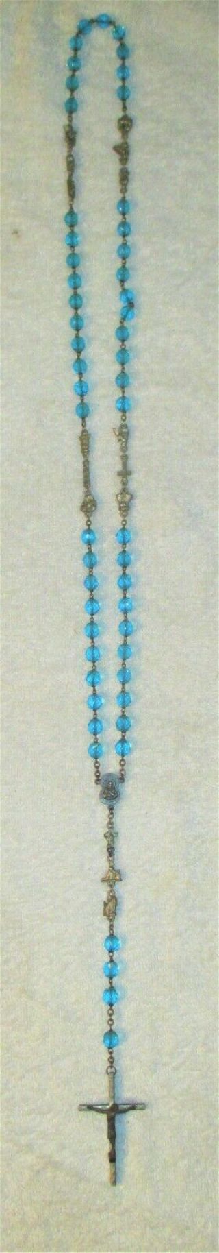 Vtg 26 " Aqua Blue Glass Rosary Beads W Station Of The Cross Made In Italy