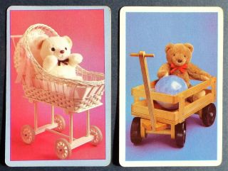 Pair Swap Cards.  Vintage Toys.  Teddy Bears In Antique Doll Pram & Wooden Wagon