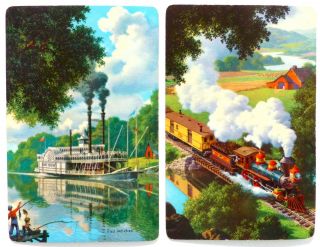 Pair Vintage Swap Cards.  Steam Train & Paddlesteamer Boat.  Artist Paul Detlefsen