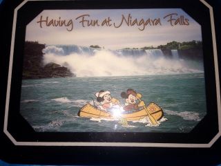 Vtg Minnie & Mickey Mouse Lacquer Niagara Falls Wall Plaque Canoe Fish Rare